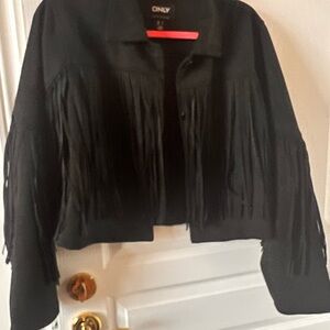 ONLY Black Fringe Cropped Faux Suede Jacket